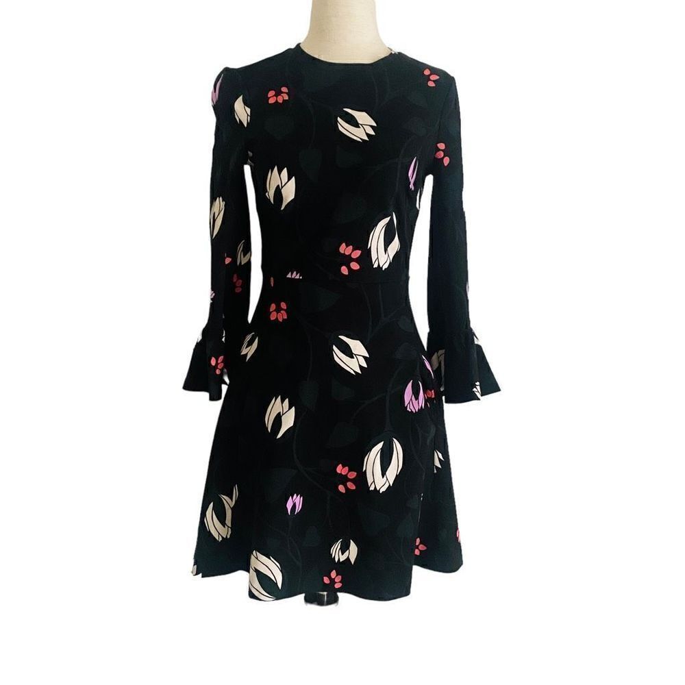 Kate Spade Long Bell Sleeve Floral Print Mini Dress Black Stretchy XXS Zip AG23